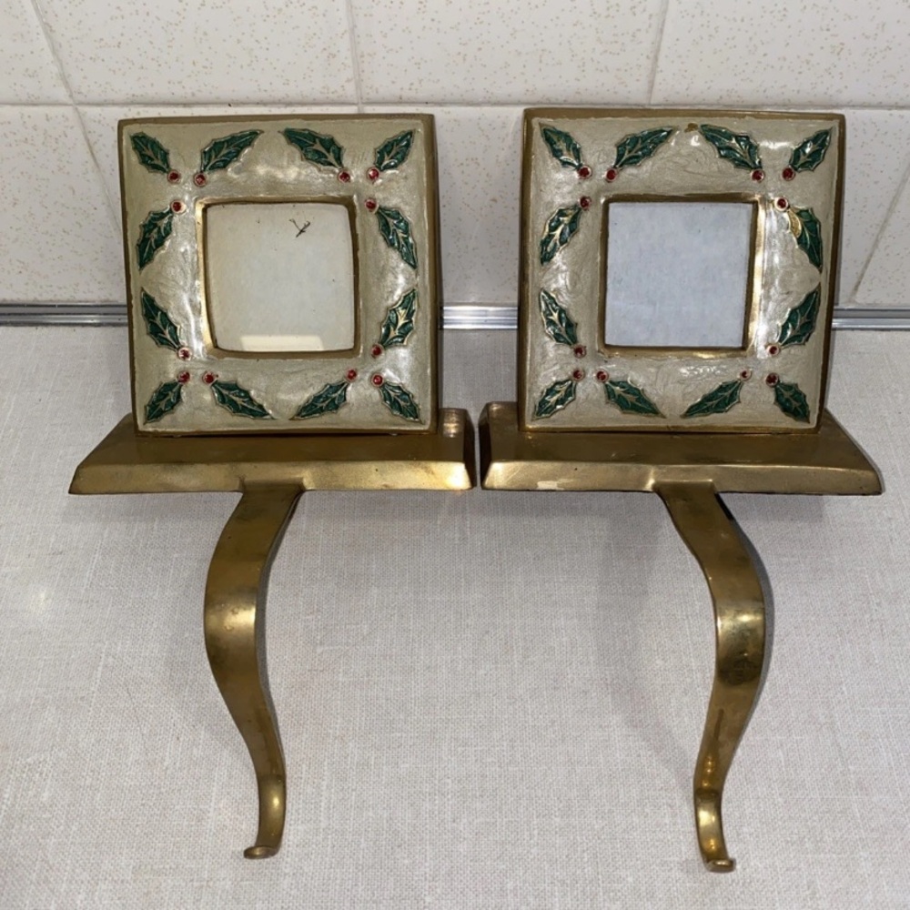 Vintage Brass Picture Frame Christmas Stocking Hangers‎ Set Of 2 Holly Berries